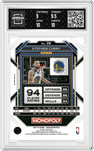 Stephen Curry from the 2022-23 Panini Prizm Monopoly set featuring a Pink Prizm parallel graded by Arena Club and given an overall grade of 9.5.