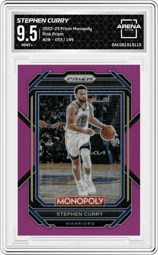 Stephen Curry from the 2022-23 Panini Prizm Monopoly set featuring a Pink Prizm parallel graded by Arena Club and given an overall grade of 9.5.