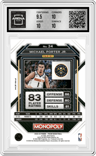 Michael Porter Jr. from the 2022-23 Panini Prizm Monopoly set featuring a Gold Money Shimmer parallel graded by Arena Club and given an overall grade of 10.