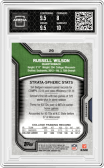Russell Wilson from the 2012 Topps Strata set graded by Arena Club and given an overall grade of 8.5.