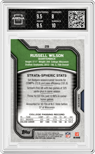 Russell Wilson from the 2012 Topps Strata set graded by Arena Club and given an overall grade of 8.5.