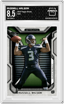Russell Wilson from the 2012 Topps Strata set graded by Arena Club and given an overall grade of 8.5.