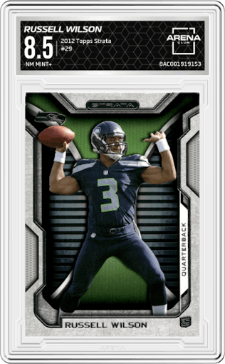 Russell Wilson from the 2012 Topps Strata set graded by Arena Club and given an overall grade of 8.5.