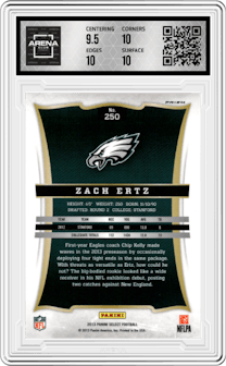 Zach Ertz from the 2013 Panini Select set featuring a Silver Prizm parallel graded by Arena Club and given an overall grade of 10.