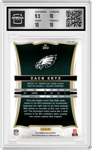 Zach Ertz from the 2013 Panini Select set featuring a Silver Prizm parallel graded by Arena Club and given an overall grade of 10.