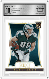 Zach Ertz from the 2013 Panini Select set featuring a Silver Prizm parallel graded by Arena Club and given an overall grade of 10.