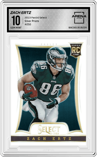 Zach Ertz from the 2013 Panini Select set featuring a Silver Prizm parallel graded by Arena Club and given an overall grade of 10.
