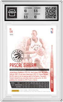 Pascal Siakam from the 2016-17 Panini Prestige  set graded by Arena Club and given an overall grade of 10.