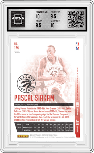 Pascal Siakam from the 2016-17 Panini Prestige  set graded by Arena Club and given an overall grade of 10.