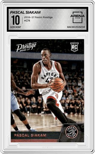 Pascal Siakam from the 2016-17 Panini Prestige  set graded by Arena Club and given an overall grade of 10.