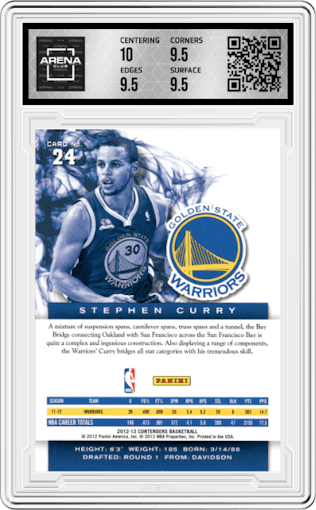 Stephen Curry from the 2012-13 Panini Contenders set graded by Arena Club and given an overall grade of 10.