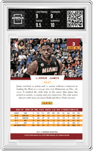 LeBron James from the 2012-13 Panini Marquee  set graded by Arena Club and given an overall grade of 9.5.