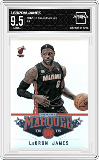 LeBron James from the 2012-13 Panini Marquee  set graded by Arena Club and given an overall grade of 9.5.