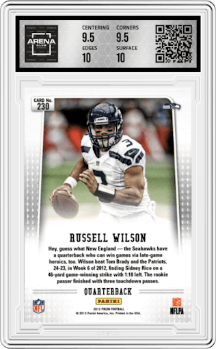 Russell Wilson from the 2012 Panini Prizm set graded by Arena Club and given an overall grade of 10.
