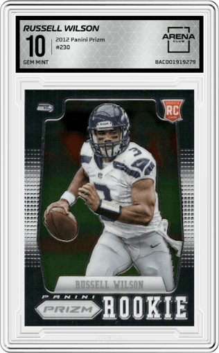 Russell Wilson from the 2012 Panini Prizm set graded by Arena Club and given an overall grade of 10.