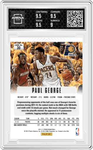 Paul George from the 2012-13 Panini Prizm set graded by Arena Club and given an overall grade of 9.5.