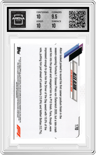 Alex Albon from the 2021 Topps F1 set graded by Arena Club and given an overall grade of 10.