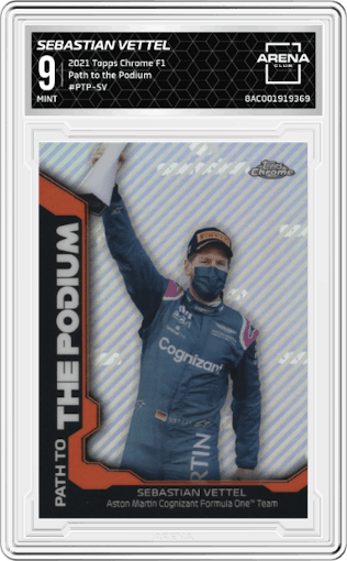 Sebastian Vettel from the 2021 Topps Chrome F1  set graded by Arena Club and given an overall grade of 9.