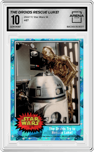 The Droids Try to Rescue Luke! from the 2022 Topps Chrome Star Wars Sapphire set graded by Arena Club and given an overall grade of 10.
