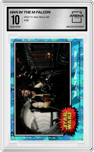 Han in the Millennium Falcon from the 2022 Topps Chrome Star Wars Sapphire set graded by Arena Club and given an overall grade of 10.