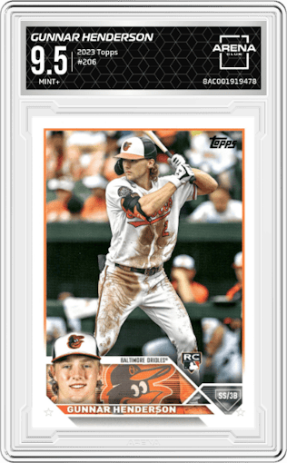 Gunnar Henderson from the 2023 Topps  set graded by Arena Club and given an overall grade of 9.5.
