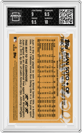 Juan Soto from the 2023 Topps Silver Pack set graded by Arena Club and given an overall grade of 9.5.