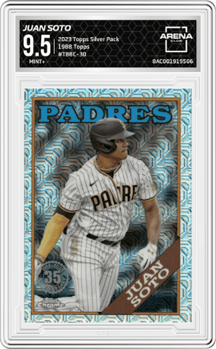 Juan Soto from the 2023 Topps Silver Pack set graded by Arena Club and given an overall grade of 9.5.