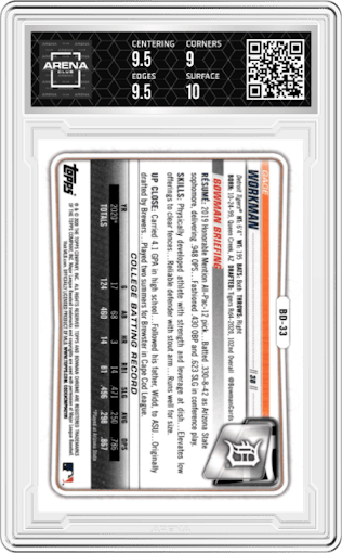Gage Workman from the 2020 Bowman Draft set graded by Arena Club and given an overall grade of 9.5.
