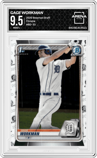 Gage Workman from the 2020 Bowman Draft set graded by Arena Club and given an overall grade of 9.5.