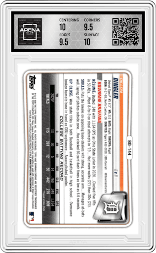 Dillon Dingler from the 2020 Bowman Draft set graded by Arena Club and given an overall grade of 10.