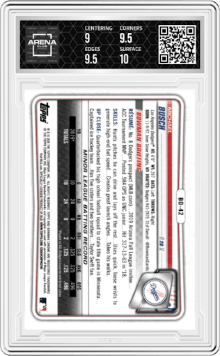 Michael Busch from the 2020 Bowman Draft set graded by Arena Club and given an overall grade of 9.5.