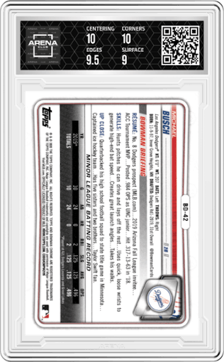 Michael Busch from the 2020 Bowman Draft set graded by Arena Club and given an overall grade of 9.5.