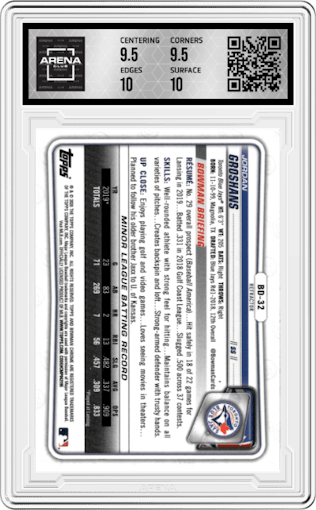 Jordan Groshans from the 2020 Bowman Draft set featuring a Refractor parallel graded by Arena Club and given an overall grade of 10.