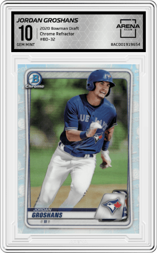 Jordan Groshans from the 2020 Bowman Draft set featuring a Refractor parallel graded by Arena Club and given an overall grade of 10.