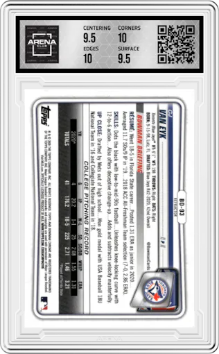 CJ Van Eyk from the 2020 Bowman Draft set featuring a Refractor parallel graded by Arena Club and given an overall grade of 10.