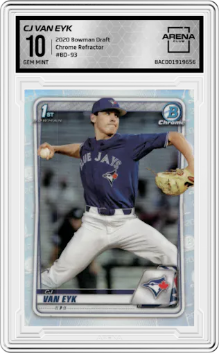 CJ Van Eyk from the 2020 Bowman Draft set featuring a Refractor parallel graded by Arena Club and given an overall grade of 10.