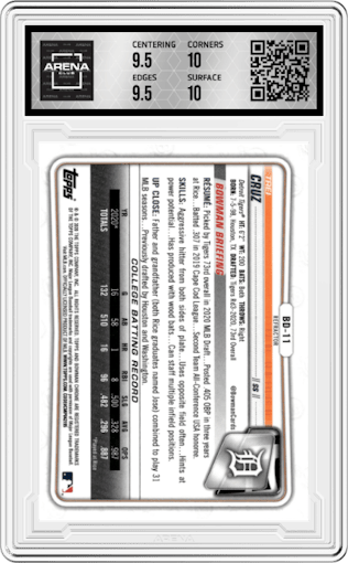 Trei Cruz from the 2020 Bowman Draft set featuring a Refractor parallel graded by Arena Club and given an overall grade of 10.