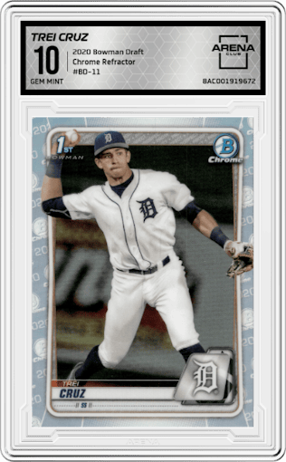 Trei Cruz from the 2020 Bowman Draft set featuring a Refractor parallel graded by Arena Club and given an overall grade of 10.