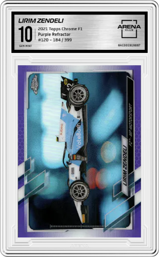 Lirim Zendeli from the 2021 Topps Chrome F1  set featuring a Purple Refractor parallel graded by Arena Club and given an overall grade of 10.