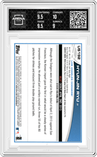 Hyun-Jin Ryu  from the 2013 Topps Update Series set graded by Arena Club and given an overall grade of 9.5.