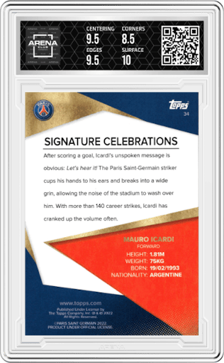 Mauro Icardi from the 2021-22 Topps PSG Team Set set graded by Arena Club and given an overall grade of 9.