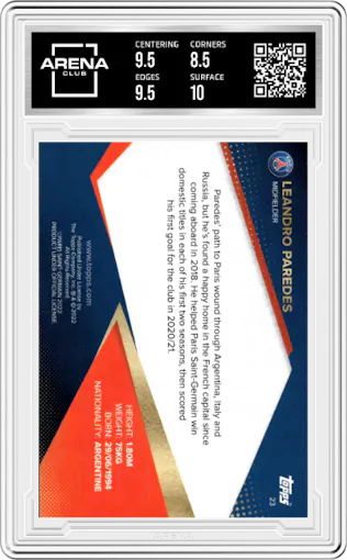 Leandro Paredes from the 2021-22 Topps PSG Team Set set graded by Arena Club and given an overall grade of 9.