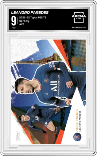 Leandro Paredes from the 2021-22 Topps PSG Team Set set graded by Arena Club and given an overall grade of 9.