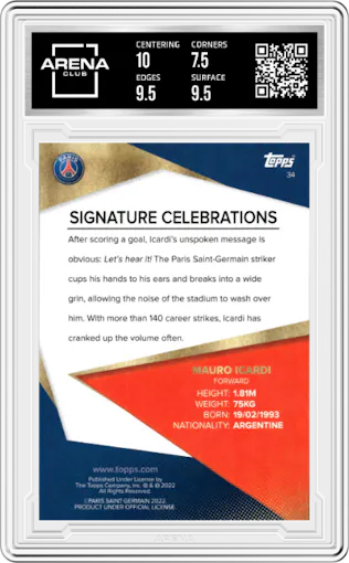 Mauro Icardi from the 2021-22 Topps PSG Team Set set graded by Arena Club and given an overall grade of 8.