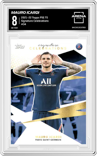 Mauro Icardi from the 2021-22 Topps PSG Team Set set graded by Arena Club and given an overall grade of 8.
