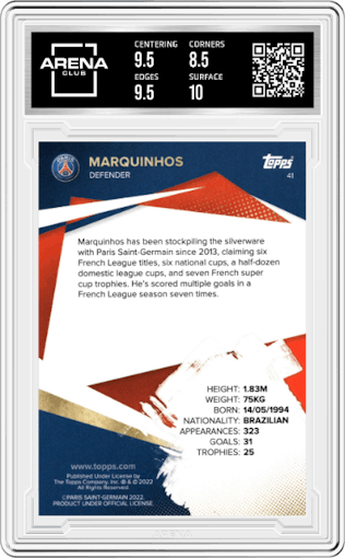 Marquinhos from the 2021-22 Topps PSG Team Set set graded by Arena Club and given an overall grade of 9.