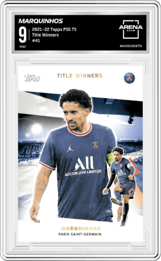 Marquinhos from the 2021-22 Topps PSG Team Set set graded by Arena Club and given an overall grade of 9.