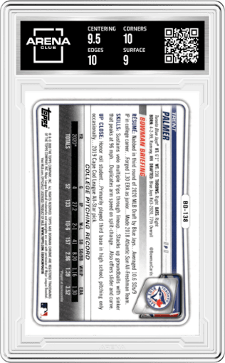 Trent Palmer from the 2020 Bowman Draft set graded by Arena Club and given an overall grade of 9.5.