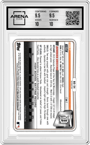 Colt Keith from the 2020 Bowman Draft set featuring a Refractor parallel graded by Arena Club and given an overall grade of 10.