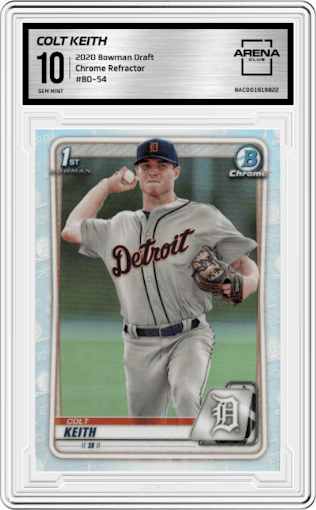 Colt Keith from the 2020 Bowman Draft set featuring a Refractor parallel graded by Arena Club and given an overall grade of 10.